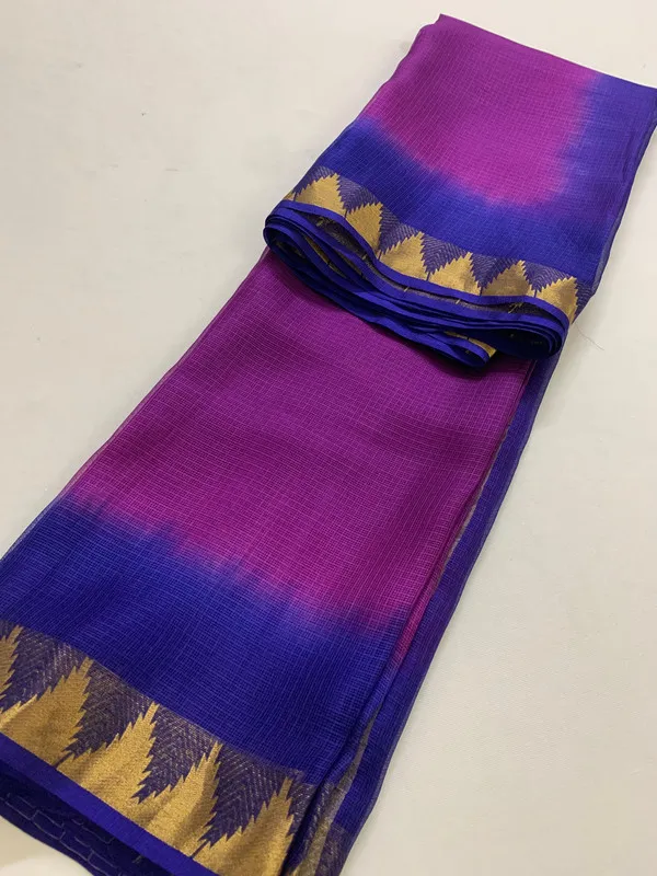 Handloom_Kota_Silk_Organza_Net_Temple_Border_Two_Dye_Bhagalpuri_Saree_(Magenta_&_Duke_Blue)