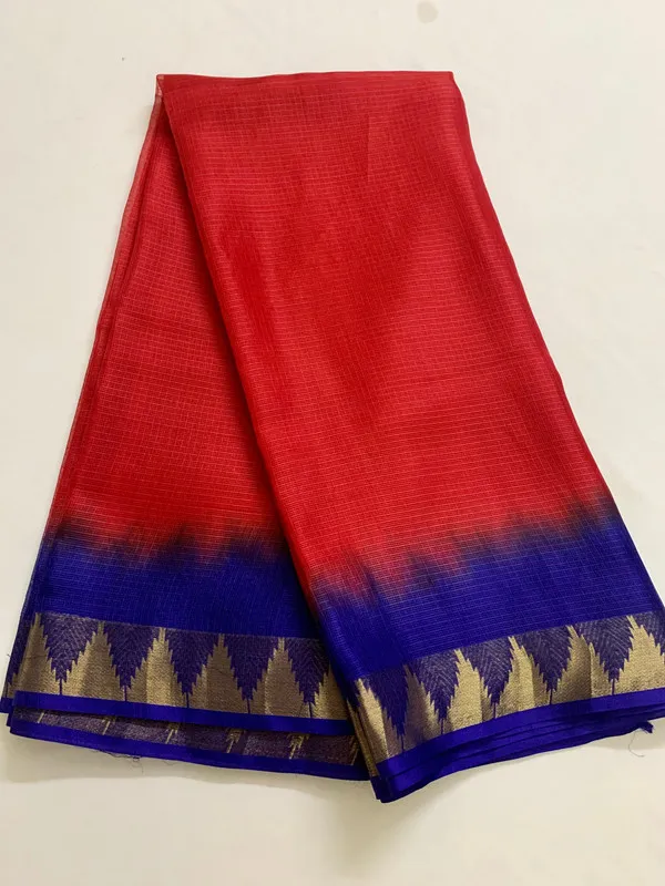 Two_Dye_Organza_Net_Temple_Border_Bhagalpuri_Saree_(Red_&_Duke_Blue)