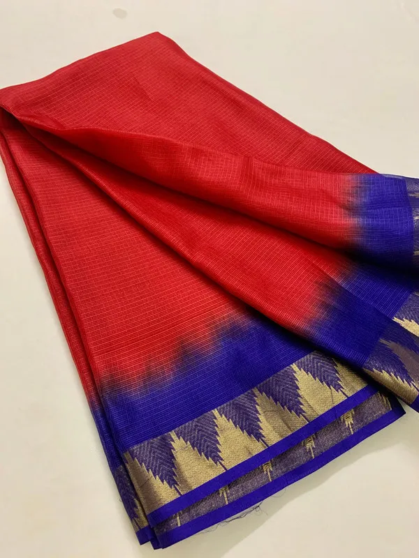 Two_Dye_Organza_Net_Temple_Border_Bhagalpuri_Saree_(Red_&_Duke_Blue)