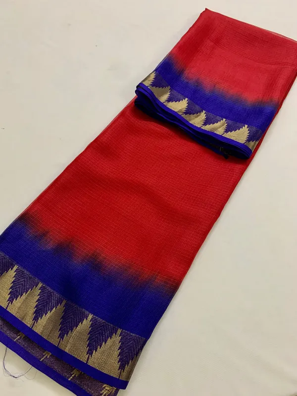 Two_Dye_Organza_Net_Temple_Border_Bhagalpuri_Saree_(Red_&_Duke_Blue)
