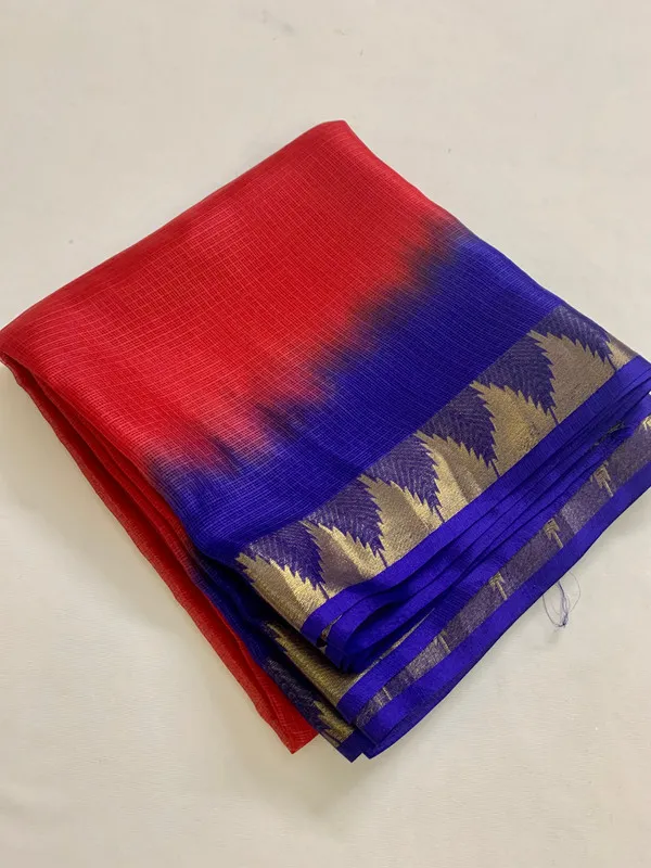 Two_Dye_Organza_Net_Temple_Border_Bhagalpuri_Saree_(Red_&_Duke_Blue)