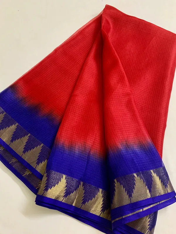 Two_Dye_Organza_Net_Temple_Border_Bhagalpuri_Saree_(Red_&_Duke_Blue)