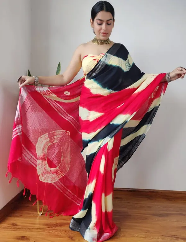 Handloom_Linen_Bhagalpuri_Sibory_Dye_Multi_Color_Saree_(Black-Creame-Pink)
