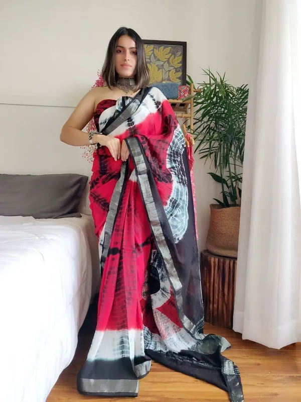Bhagalpuri_Handloom_Linen_Bandhani_Multi_Dye_Saree_(Black-White-Pink)