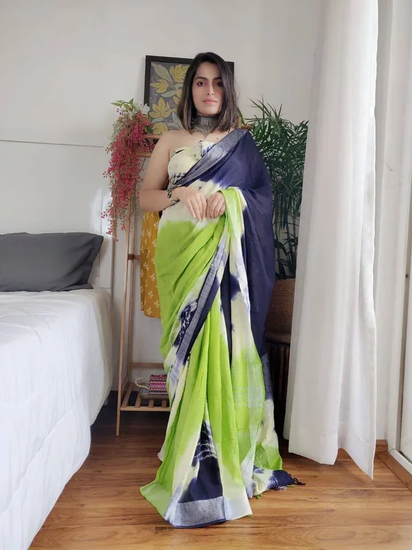 Linen_Bhagalpuri_Sibory_Dye_Handloom_Saree_(Blue-White-Parrot_Green)