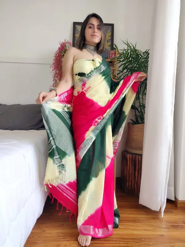Bandhani_Dye_Linen_Handloom_Bhagalpuri_Sibory_Saree_(Green-Creame-Pink)