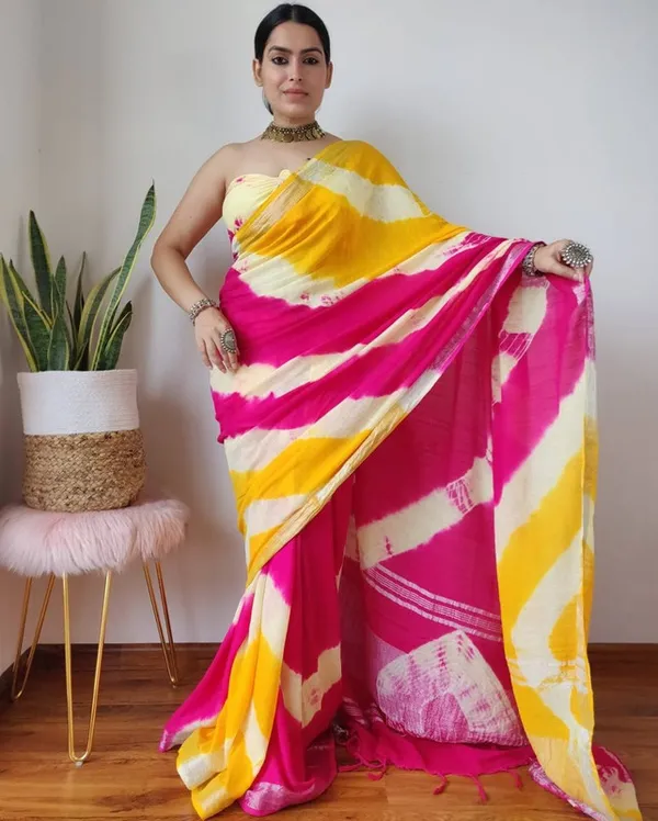 Bhagalpuri_Linen_Sibory_(Bandhani)_Multi_Dye_Saree_(Yellow-White-Pink)