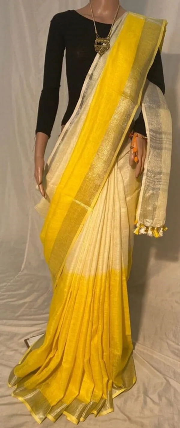 Linen_Two_Dye_Bhagalpuri_Handloom_Creame_and_Yellow_Saree