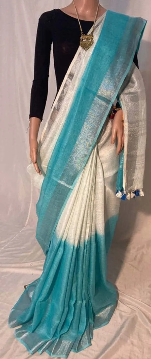 Bhagalpuri_Linen_Two_Dye_Handloom_Saree_(Cyan_&_White)
