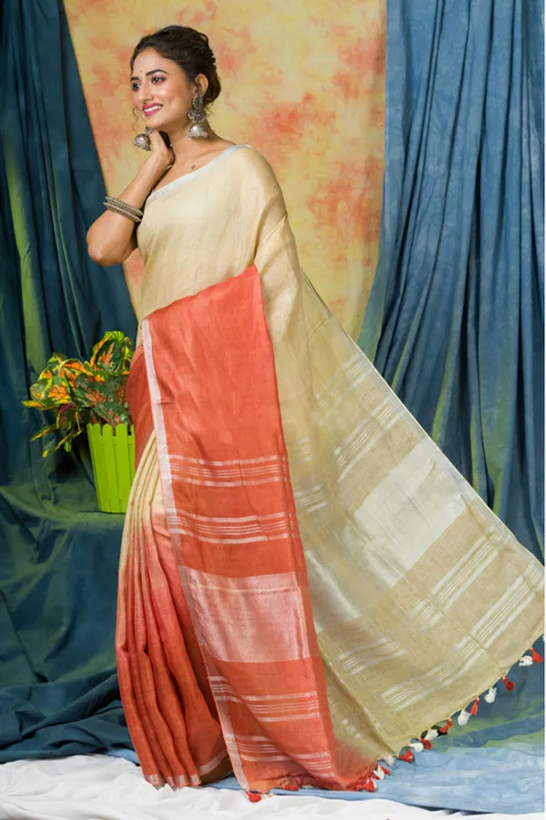 Zari_Border_Linen_Two_Dye_Bhagalpuri_Saree_wirh_Blouse_Piece_(Dovl_Beige_&_Flame_Orange)