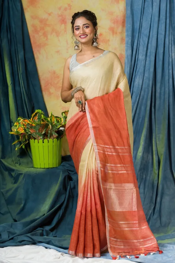 Zari_Border_Linen_Two_Dye_Bhagalpuri_Saree_wirh_Blouse_Piece_(Dovl_Beige_&_Flame_Orange)