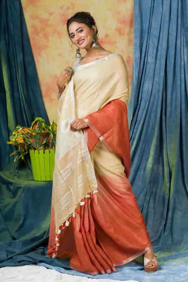 Zari_Border_Linen_Two_Dye_Bhagalpuri_Saree_wirh_Blouse_Piece_(Dovl_Beige_&_Flame_Orange)