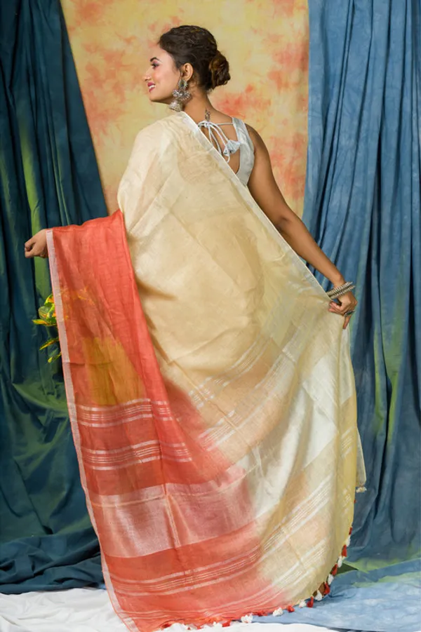 Zari_Border_Linen_Two_Dye_Bhagalpuri_Saree_wirh_Blouse_Piece_(Dovl_Beige_&_Flame_Orange)