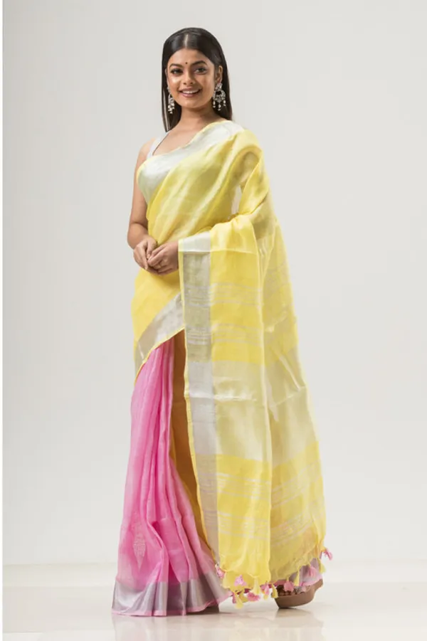 Linen_Bhagalpuri_Two_Dye_Handloom_Saree_(Yellow_&_Pink)