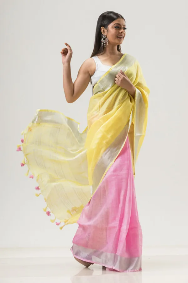 Linen_Bhagalpuri_Two_Dye_Handloom_Saree_(Yellow_&_Pink)