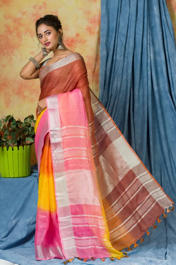 Multi_Color_Dye_Handloom_Linen_Bhagalpuri_Saree_for_women's
