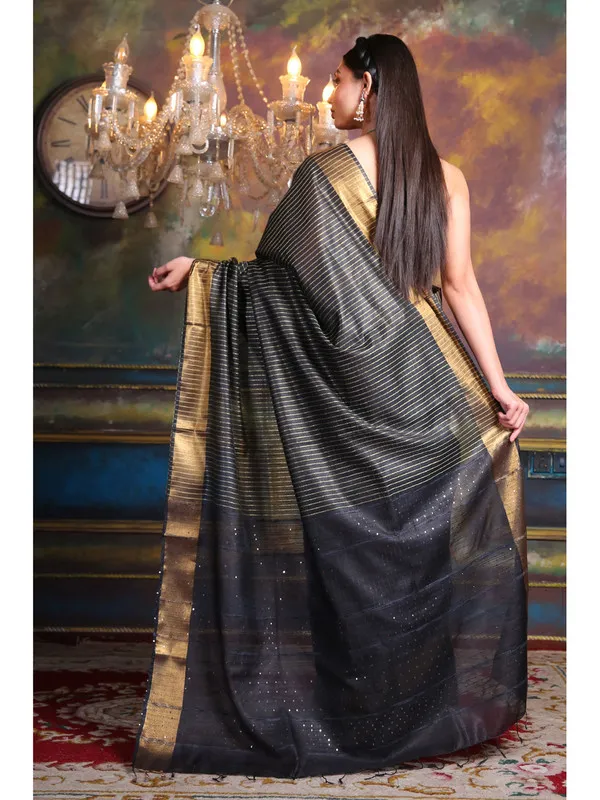 Handloom_Cotton_Silk_Striped_Sequin_Pallu_Bhagalpuri_Saree_(Black)