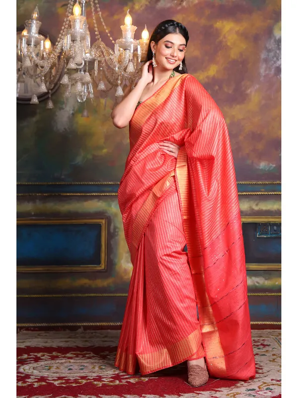 Handloom_Bhagalpuri_Cotton_Silk_Striped_Sequin_Saree_(_Red)