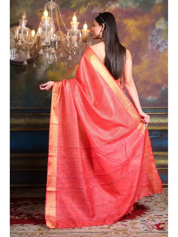 Handloom_Bhagalpuri_Cotton_Silk_Striped_Sequin_Saree_(_Red)