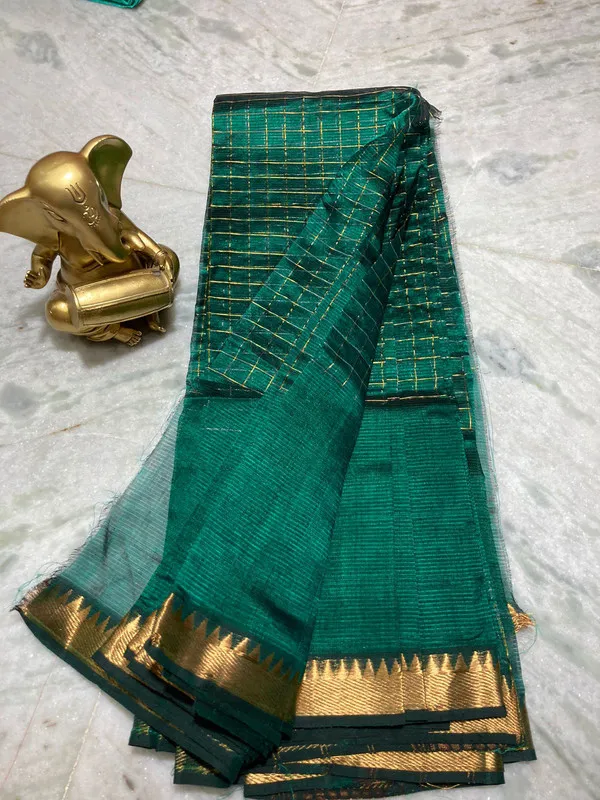 Bhagalpuri_Handloom_Cotton_Silk_Check_Half_Body_Saree_for_women's_(Pine_Green)