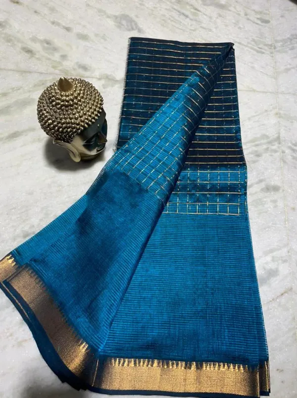 Bhagalpuri_Handloom_Cotton_Silk_Check_Half_Body_Saree_for_women's_(Reinit_Blue)