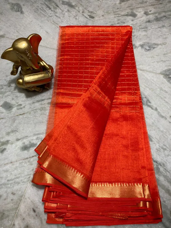 Bhagalpuri_Handloom_Cotton_Silk_Check_Half_Body_Saree_for_women's_(Tiano_Orange)