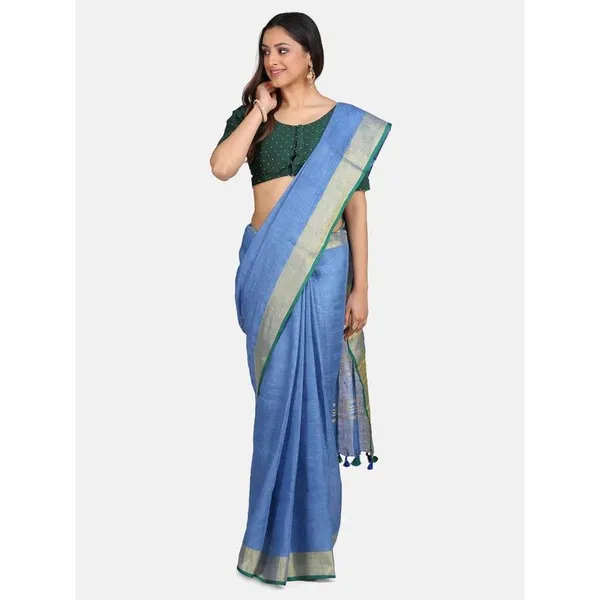 Linen_Cotton_Blend_Contrast_Handloom_Bhagalpuri_Saree_for_Women_(Gold-Cove_Blue-Dark_Green_)