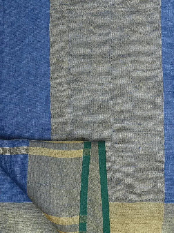 Linen_Cotton_Blend_Contrast_Handloom_Bhagalpuri_Saree_for_Women_(Gold-Cove_Blue-Dark_Green_)