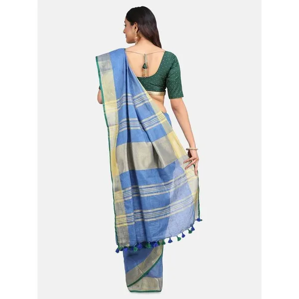 Linen_Cotton_Blend_Contrast_Handloom_Bhagalpuri_Saree_for_Women_(Gold-Cove_Blue-Dark_Green_)