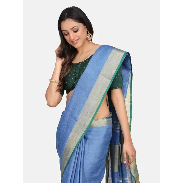 Linen_Cotton_Blend_Contrast_Handloom_Bhagalpuri_Saree_for_Women_(Gold-Cove_Blue-Dark_Green_)