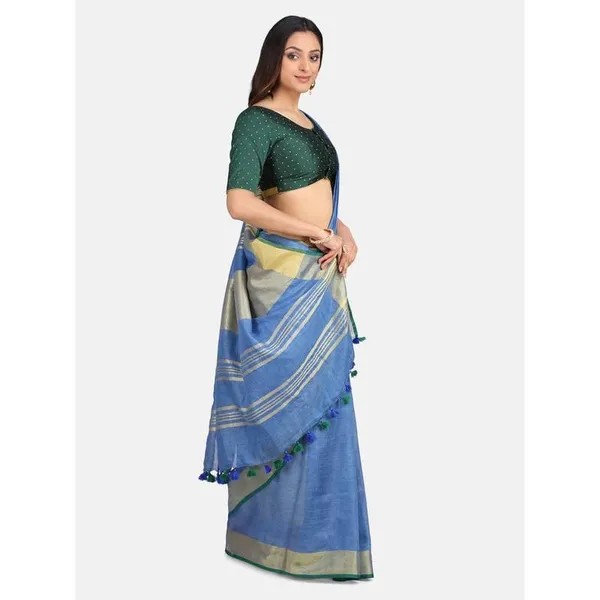Linen_Cotton_Blend_Contrast_Handloom_Bhagalpuri_Saree_for_Women_(Gold-Cove_Blue-Dark_Green_)