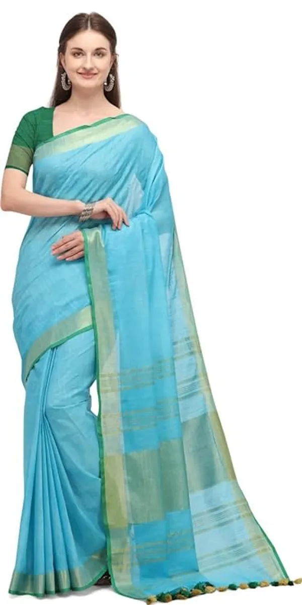 Linen_Cotton_Blend_Contrast_Handloom_Bhagalpuri_Saree_for_Women_(Gold-Cyan-Dark_Green)