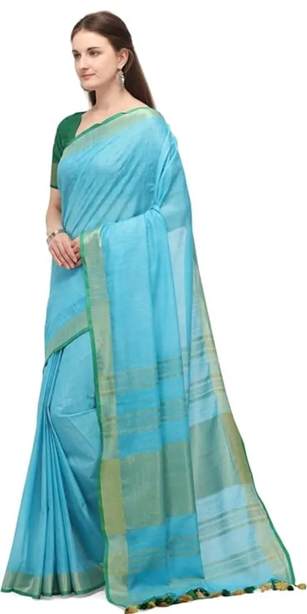 Linen_Cotton_Blend_Contrast_Handloom_Bhagalpuri_Saree_for_Women_(Gold-Cyan-Dark_Green)