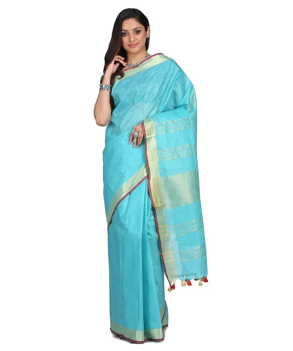 Linen_Cotton_Blend_Contrast_Handloom_Bhagalpuri_Saree_for_Women_(Gold-Cyan-Red_)