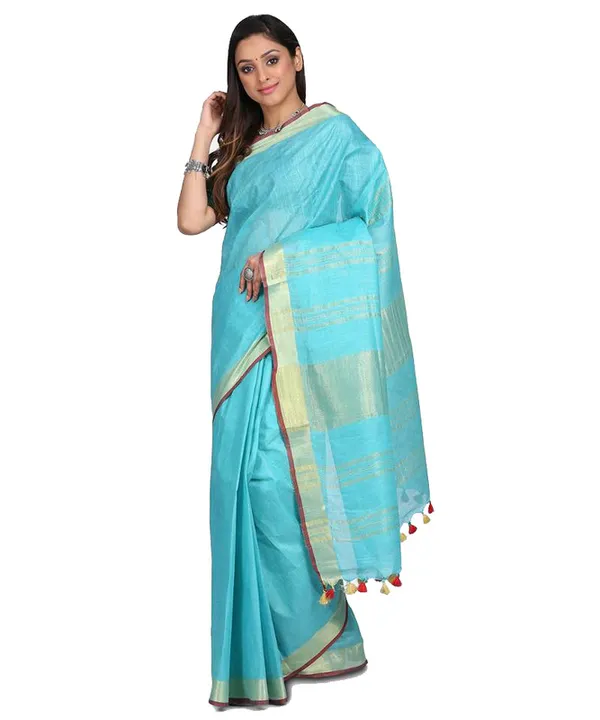 Linen_Cotton_Blend_Contrast_Handloom_Bhagalpuri_Saree_for_Women_(Gold-Cyan-Red_)