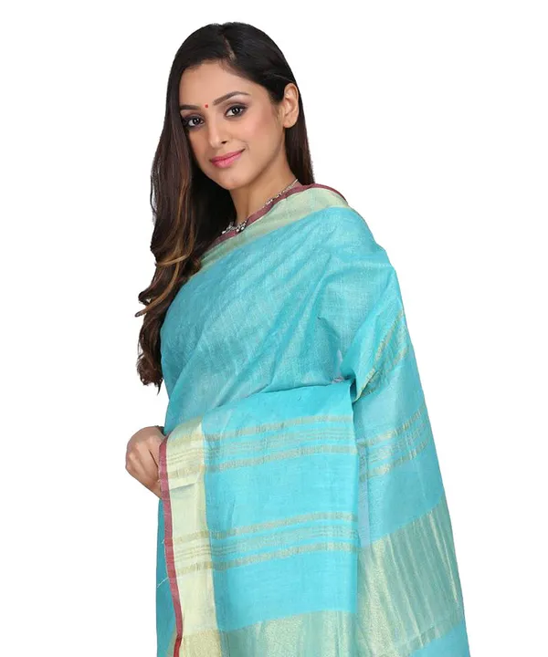 Linen_Cotton_Blend_Contrast_Handloom_Bhagalpuri_Saree_for_Women_(Gold-Cyan-Red_)