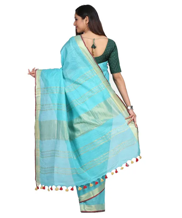 Linen_Cotton_Blend_Contrast_Handloom_Bhagalpuri_Saree_for_Women_(Gold-Cyan-Red_)