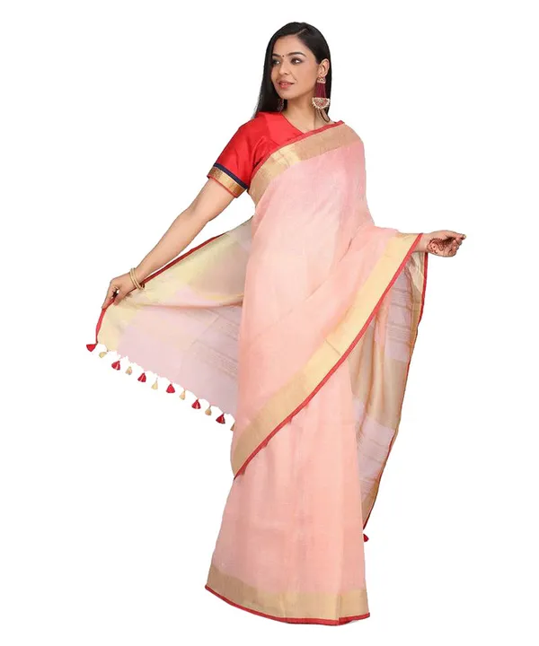 Linen_Cotton_Blend_Contrast_Handloom_Bhagalpuri_Saree_for_Women_(Gold-Ecru_Pink-Red)