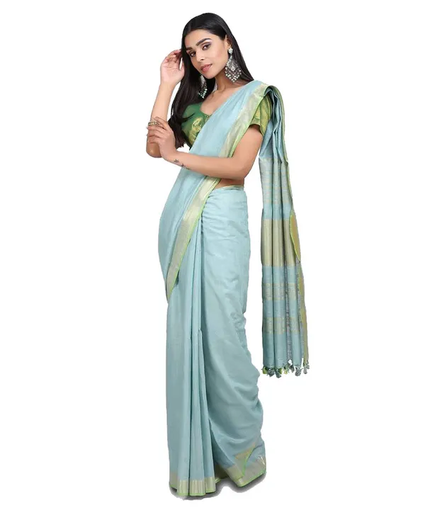 Linen_Cotton_Blend_Contrast_Handloom_Bhagalpuri_Saree_(Gold-Mint_Cyan-Parrot_Green)