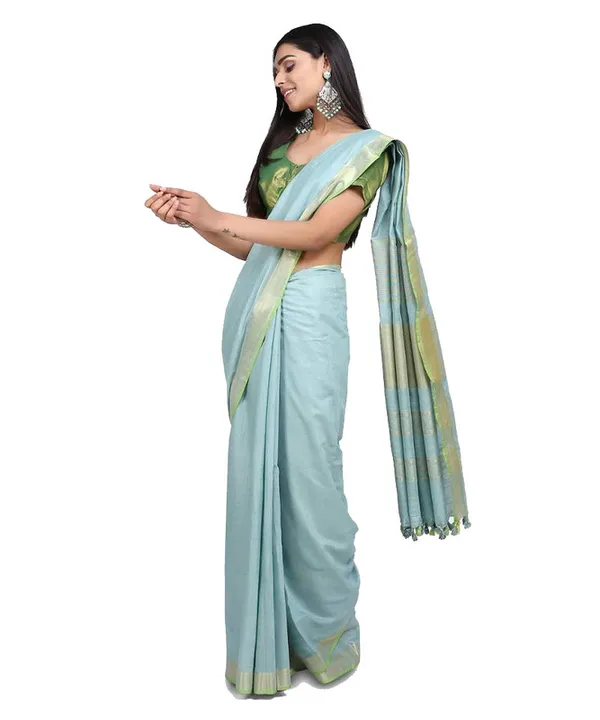 Linen_Cotton_Blend_Contrast_Handloom_Bhagalpuri_Saree_(Gold-Mint_Cyan-Parrot_Green)
