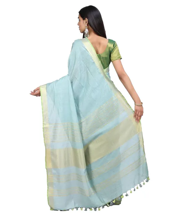 Linen_Cotton_Blend_Contrast_Handloom_Bhagalpuri_Saree_(Gold-Mint_Cyan-Parrot_Green)