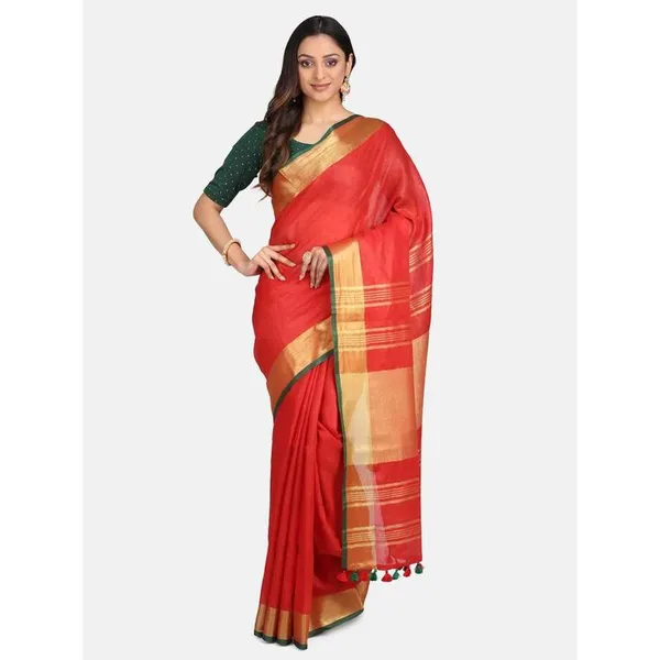 Linen_Cotton_Blend_Contrast_Handloom_Bhagalpuri_Saree_(Gold-Red-Dark_Green_)