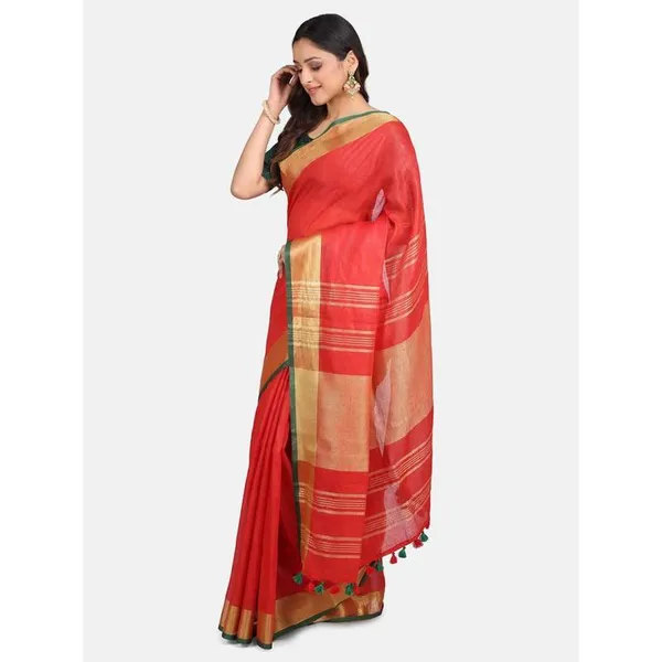 Linen_Cotton_Blend_Contrast_Handloom_Bhagalpuri_Saree_(Gold-Red-Dark_Green_)