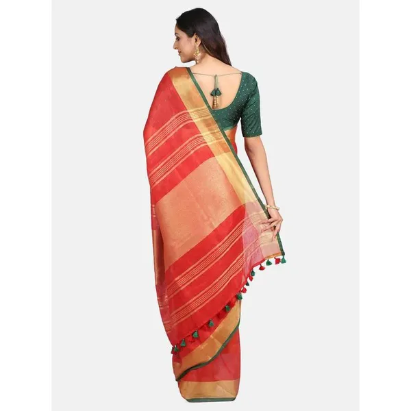 Linen_Cotton_Blend_Contrast_Handloom_Bhagalpuri_Saree_(Gold-Red-Dark_Green_)