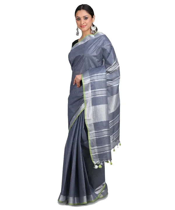 Linen_Cotton_Blend_Contrast_Handloom_Bhagalpuri_Saree_(Grey-Parrot_Green)
