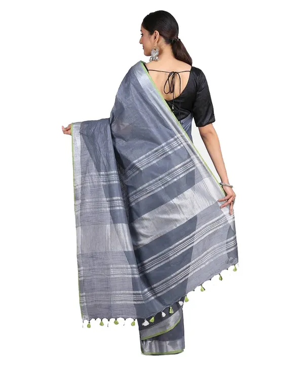 Linen_Cotton_Blend_Contrast_Handloom_Bhagalpuri_Saree_(Grey-Parrot_Green)