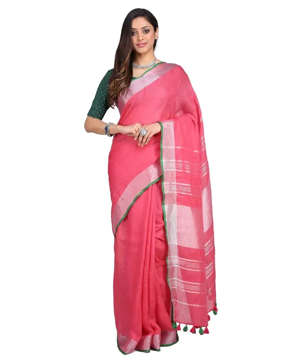 Linen_Cotton_Blend_Contrast_Handloom_Bhagalpuri_Saree_(Hot_Pink-Green)