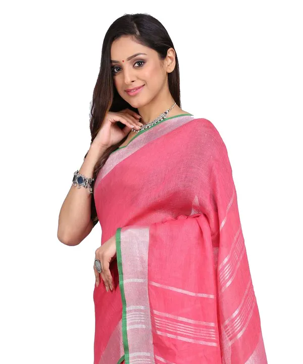 Linen_Cotton_Blend_Contrast_Handloom_Bhagalpuri_Saree_(Hot_Pink-Green)