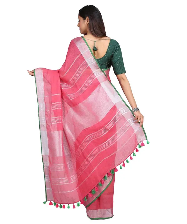 Linen_Cotton_Blend_Contrast_Handloom_Bhagalpuri_Saree_(Hot_Pink-Green)