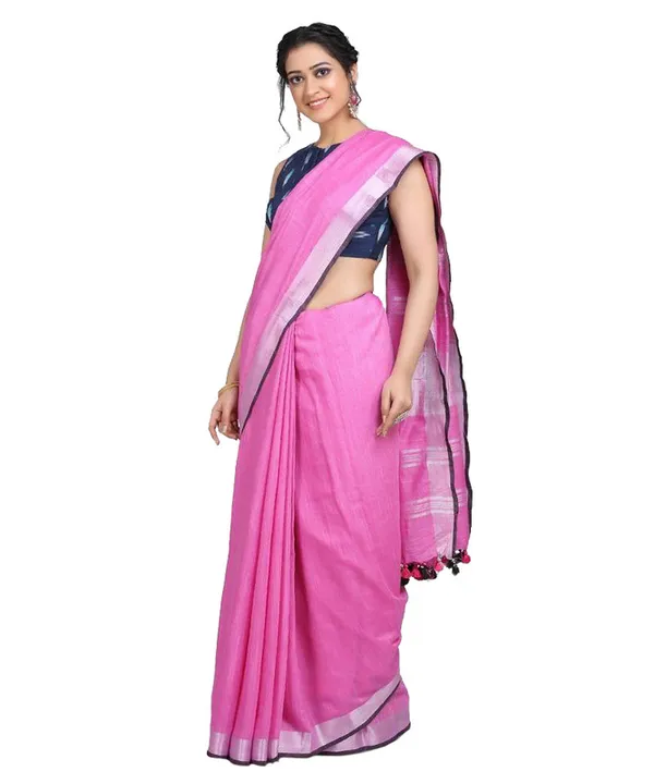 Linen_Cotton_Blend_Contrast_Handloom_Bhagalpuri_Saree_(Persian_Pink-Black)
